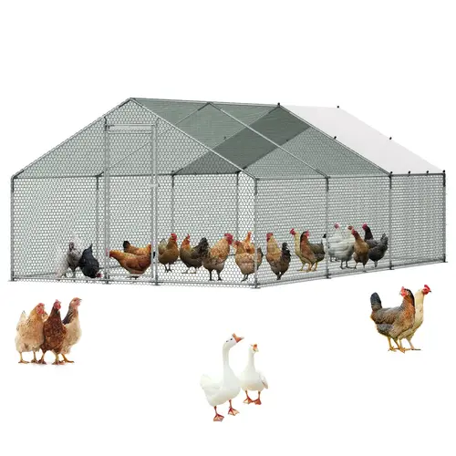 VEVOR Enclosed Galvanized Steel Chicken Cage, 9.8x19.6x6.5 ft Metal Frame Kit with Secure Mesh Guard, Hex Mesh Panels, 1" Thick Solid Outdoor Pipes, Walk-In Run, Spire Roof, Rain-Drain Cover, Security Lock for Backyard Farm Chickens#BacktoSchool