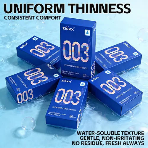 Zioxx 003 Ultra-Fine, Smooth, Soft, Thin Hyaluronic Acid Lubricated Condoms - Natural Rubber Snug Fit, Sensitive Skin Safe, Men's Sexual Wellness, Prop 65 Compliant (10 Pcs)
