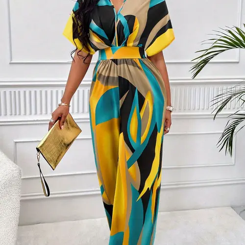 Women's Fashion Batwing Sleeve V Neck Waist Cinched Jumpsuit, Geometric Colorblock Print Wide-Leg Jumpsuit, Casual Summer Wear for Vacation, Non-Elastic Smooth Fabric