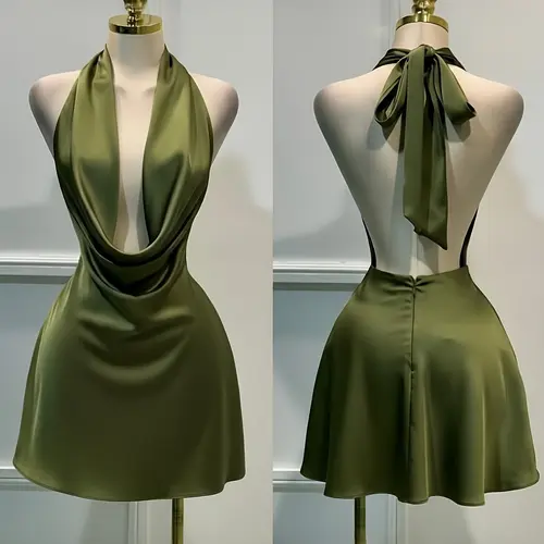 Women's Halter Neck Satin Short Dress, Summer Elegant Sleeveless Backless Party Dress