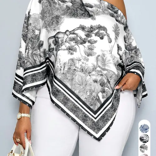 Plus Size New Summer Casual Elegant Women's Printed Blouse, Boho Flowy Tops, Asymmetrical Hem Batwing Sleeves Loose Fashion Shirt, Versatile Daily Wear