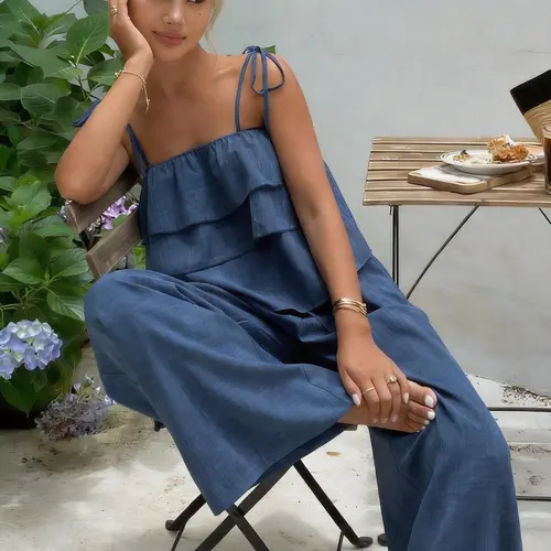 2-Piece Women's Sleeveless Ruffle Top & High Waist Casual Pants Set, Coordinate, Clothes, Comfortable and Trendy Outfits, Stylish Summer Wear, Bottom
