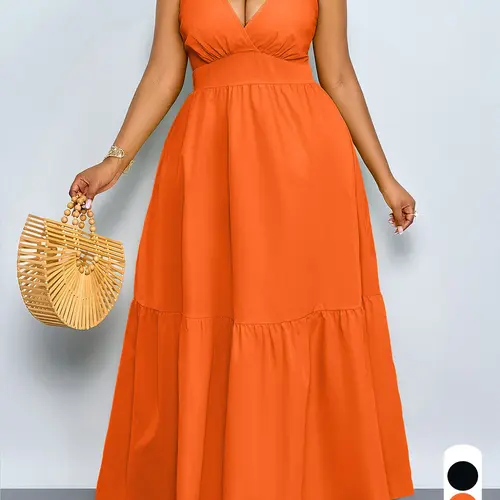 Summer Casual Elegant Plus Size Women's Lady Dress, Statement Deep V Neck Backless A-Line, Sleeveless Plain Long Dress Elegant Party Apparel for Party and Vacation Casual Wear Womenswear