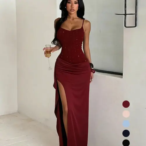 Women's Sleeveless Textured Split Club Party Dress, Formal Wear, Womenswear, Elegant Casual Summer, Perfect for Daily Wear & Special Occasions
