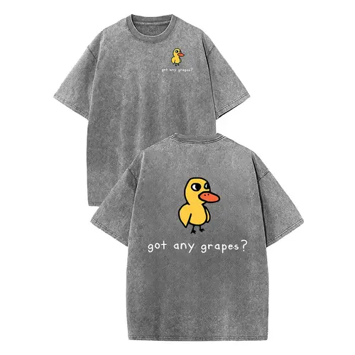 Holafish Women's Retro Vintage Short-Sleeve Cotton T-Shirt - Round Neck, Breathable Heavy Washed Eat Grapes Duck Graphic, Unisex Casual Loose-Fit Streetwear Top