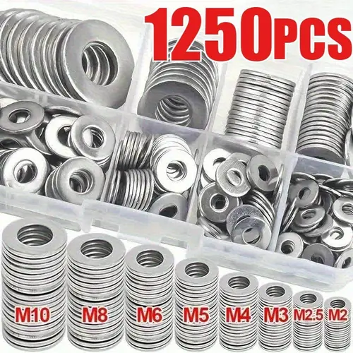1250pcs 304 stainless steel flat washers classification kit (M2 M2.5 M3 M4 M5 M6 M8 M10 M12) for home decoration, factory repair, kitchen, shop and outdoor work Hex Nuts Hex Cap Screws