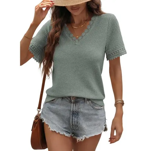Dokotoo Women's Casual V Neck Short Sleeve Waffle Knit Lace Patchwork Shirts Summer Loose Basic Tunic Tops Tee Blouses