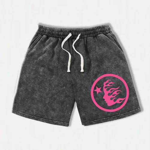 Men’s summer pink athletic shorts with round logo print, washed distressed cotton blend fabric; casual loose fit with a drawstring waist and pockets; retro street style from the 2000s; suitable for running, fishing, basketball, swimming, and beach