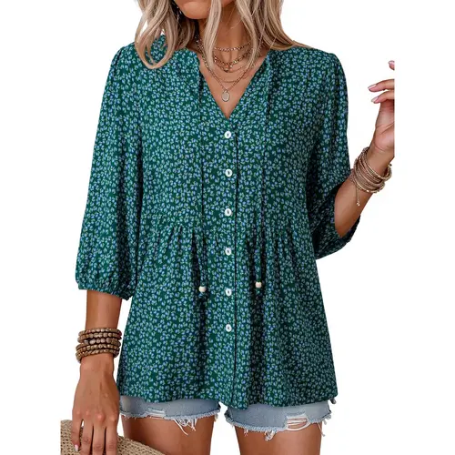 DOKOTOO Womens Summer Tops Boho Floral Short Sleeve Button Down V Neck Peplum Babydoll Casual Loose Blouses Shirts