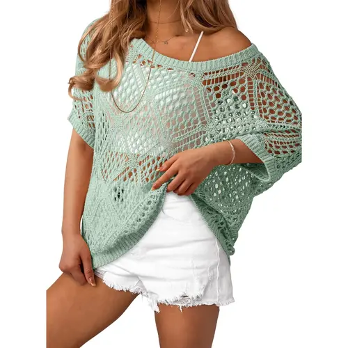 Dokotoo Women's Crochet Cover Up Tops Summer Short Sleeve Off Shoulder Sweater Shirts Beach Swimsuit Coverup