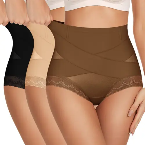 Morelect Women's 2/3 Pack High Waist Panties, Crisscross Tummy Control Shapewear Briefs with Lace Trim, Lightweight Breathable Undies with No-Roll Waistband, Basic