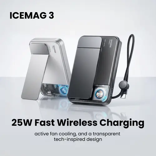 SHARGE ICEMAG 3 MagSafe Portable Charger, Qi2.2 25W Magnetic Power Bank 10000mAh 35W USB-C Fast Charging, with Active Cooling& Built-in Cable, Transparent RGB Design for iPhone 17e/16/15 Series,back to school tiktokshop,backtoschool