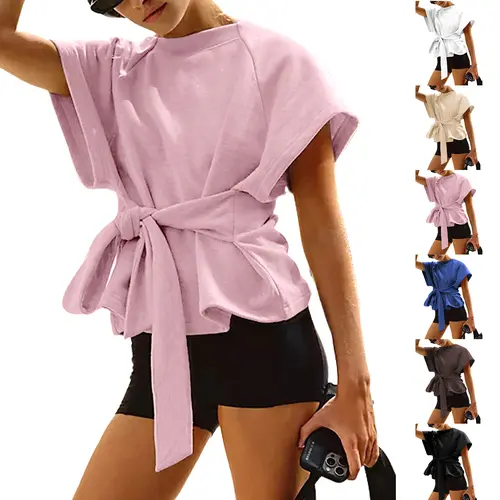 Buenoble Women’s Tie Waist Top Short Sleeve Crewneck Tee | Slimming Knot Front T-Shirt Casual Athleisure Shirt