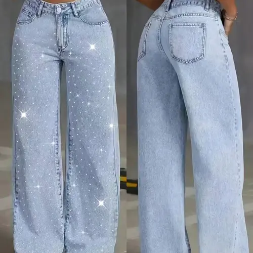 Women's Elegant High-Waisted Wide-Leg Button Light Wash Denim Jeans, Fitted Woven Fabric, Rhinestone Embellished, All-Season Womenswear Fashion Pants, Streetwear