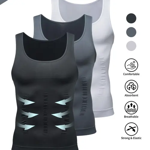 Men's Shapewear Sports Fitness Vest Set, Slimming Compression Abdomen Top, Sporty Style, Plain Pattern, All Seasons, Without Zipper and Collar, Sleeveless Workout Vest, Compression Gym Vests, Activewear Vest, Tight Vest