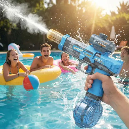 Automatic Electric Water Blaster with Automatic Water Blasts - Transparent Rechargeable Squirt Gun, Spray Sound Effects, LED Lights, Long-Range Outdoor Pool/Beach Party Toy for Kids & Adults