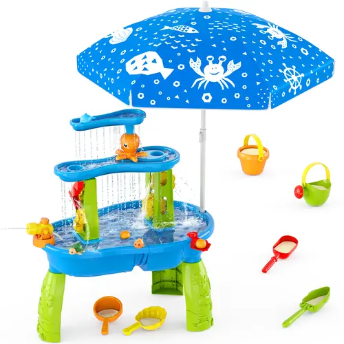 3-Tier Toddler Water Table Summer Showers Splash Tower with Umbrella, Indoor Outdoor Sensory Water Toys for Kids, Holiday Gift for Boys & Girls Summervibes