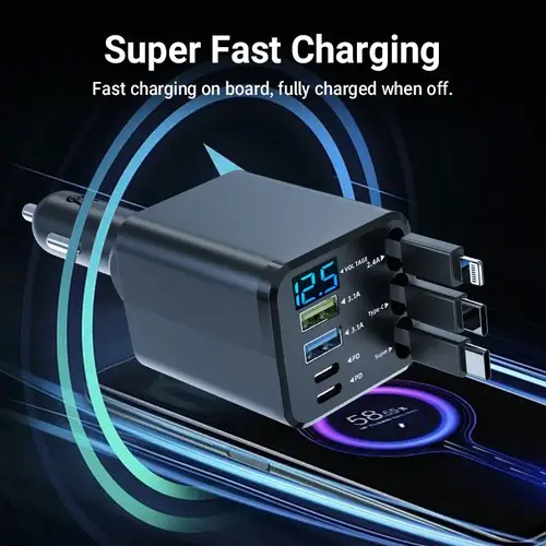 7-in-1 Retractable Car USB Charger, 22.5W Super Fast Charging, 3 Built-in Cables (2 USB-C & Lightning), 2 PD Ports, Smart Chip Protection, Voltage Display, Ambient Light, for iPhone & Android Automotive Electronics Accessories, 3 Cables