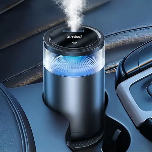 Lamicall Smart Car Air Freshener Diffuser - Cloud Mist Aroma Diffuser with Leak-Proof Auto Shutoff, Soft Glow Color Mood Light, Alpine Fresh Solid Fragrance, Easy Fit for Most Cup Holders, Long-Lasting Scent for Vehicles, Cars Accessories