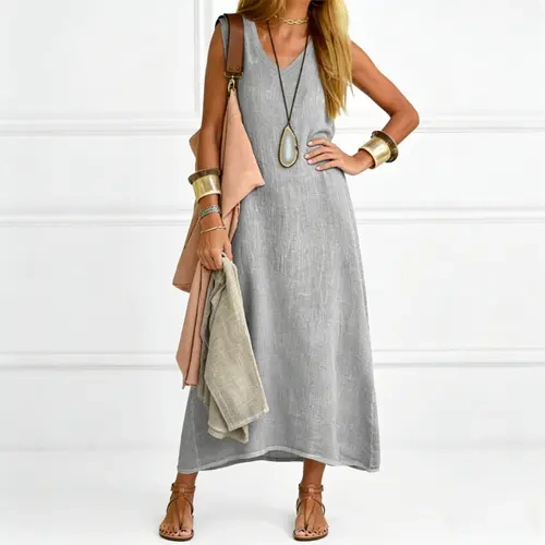 Women's Summer Soft Drapey Fabric V-Neck Sleeveless Dress - A-Line Loose Fit Casual Solid Color Long Dress,  All-Season Versatile for Casual Attire , Lightweight Material