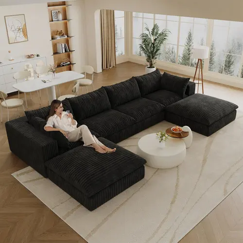 Niccae 157.6in Modern L-Shaped Chaise Cloud Couch - Corduroy Fabric, 6-Seat, Fixed Arms, Deep Seat, Double-Layer Design, Removable Cushions, No Assembly, DIY Combination, Living Room Indoor Furniture, Decor for Living Spaces, Living Room Couch