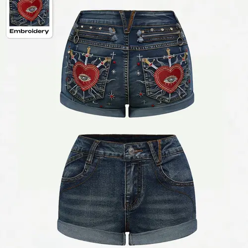 Women's Summer Embroidered Denim Shorts, Slim Fit Elastic Waist Design, Punk Style Rivet Chain Embellishment Embroidery, Dark Gothic Rebel Stitching