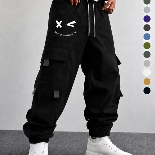 Men’s purple cargo jogger pants featuring a “Better Tomorrow” print, crafted from tear-resistant, skin-friendly fabric. Multiple cargo pockets are paired with an adjustable drawstring waist, suitable for streetwear, casual gatherings, and commuting.