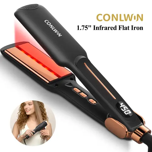 CONLWIN Titanium Flat Iron - Infrared 2-in-1 Straightener & Curler with 1.75" Wide Plates, 12 Temp Settings, LED Display, Memory Function, Frizz-Free Shine for All Hair Types, Gift Box for Valentine’s Day, Straightener And Curler