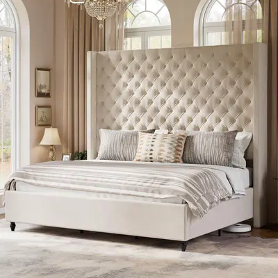 [Summerwins]VanAcc Bed Frame with 63" Tall Headboard, Upholstered Wingback Platform Design, Handcrafted Pleats & Deep Button Tufted, Solid Wood Legs, No Box Spring Needed