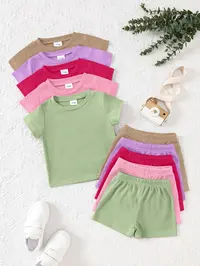 10-Piece Girls' Casual Solid Color Soft Comfortable Waffle Knit Short Sleeve Top & Shorts Set, Knitted Set for Daily Wear, Fashion Summer Clothes Set, Summer Outfits, Clothes Kids