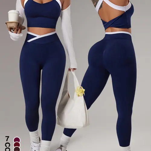 Women's Yoga Sports Set, Spring Summer Style, Color-Blocked Crossback Vest & Waistband Tight-Fit Pants, Ideal for Fitness Training