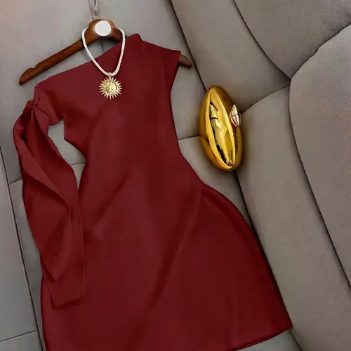 Women's Chic One-Shoulder Knitted Dress with Long Draped Shoulder Ribbon Tie, Slim-Fit Short Evening Cocktail Dress for Dates, Parties and Formal Occasions, Womenswear