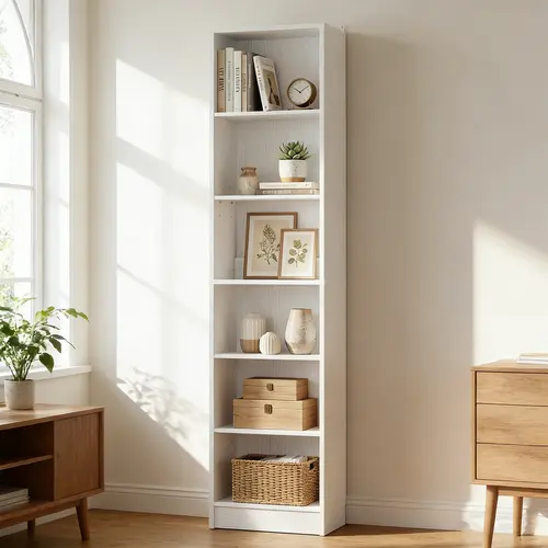 6-Tier Narrow Aesthetic Bookshelf with 2 Adjustable 2.5" Shelves - 79"H Contemporary Home Library Storage Cabinet Etagere for Collectibles, Living Room