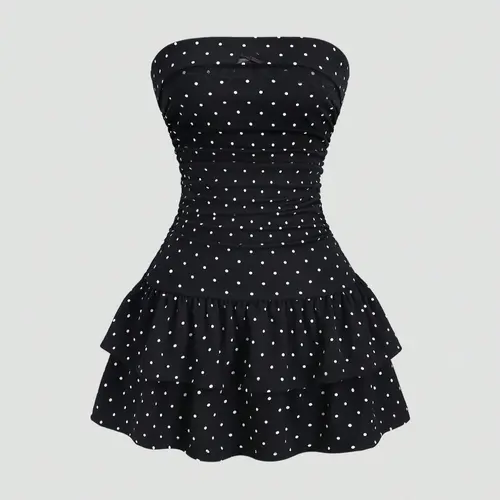 Y2K Vintage Strapless Polka Dot Party Mini Dress, Waist Cinching Tube Dress, Cute Multi-Layer Ruffle Hem, Casual Womenswear for Date, Style, Casual Date Night