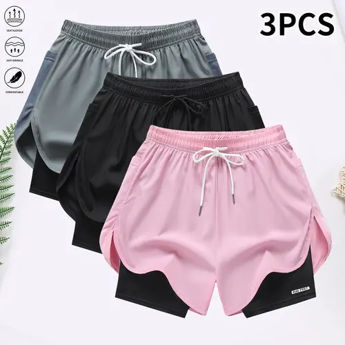 3-piece set: women’s casual athletic shorts — built-in lining, drawstring, elastic waistband; suitable for sports, fitness, running, and casual wear; women’s shorts, athletic shorts, women’s summer shorts,summervibes