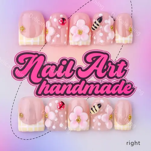 Delicatething Y2K Nail Set, Nail Art Decoration, Handmade Press On Square Duckbill Nails, 4 Sizes XS S M L, Includes Jelly Glue Crystal Stick, Nail Art DIY Supplies, Decorative Nails