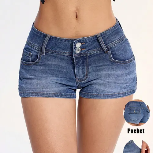 Women's Y2K Style Low Waist Denim Shorts, Casual Fashionable Shorts, Button Fly, Drop Waist, Pocket Design, Fit, Casual Fashion for Daily Wear, Parties, Music Festivals, Womenswear