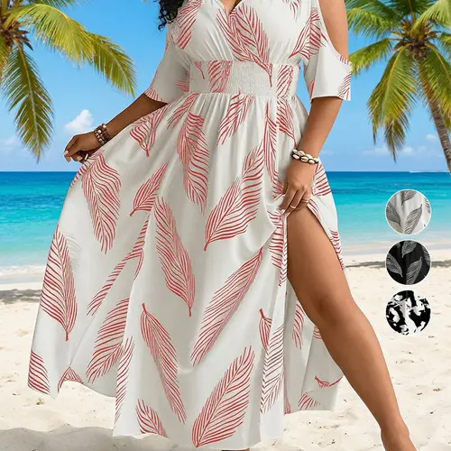 Plus Size Women's Tropical All over Print off Shoulder Slit Dress, Casual Summer Dresses, Casual Summer Fashion, Comfortable and Stylish, Perfect for Daily Wear