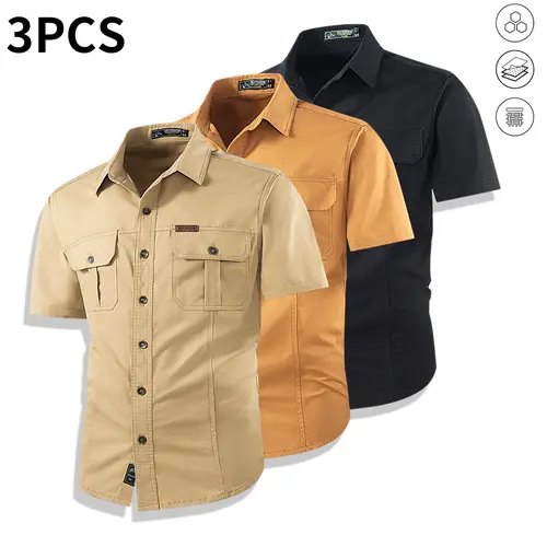 Men’s 100% cotton solid-color casual outdoor workwear three-piece set featuring a short-sleeve shirt jacket with button pockets, summer vibe