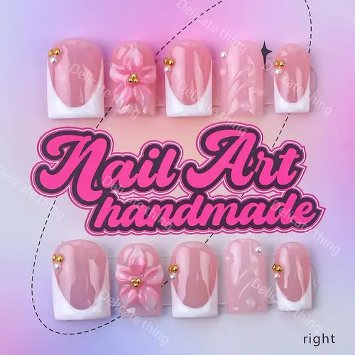 Delicatething Y2K Style Nail Set, Decorative Nails, Handmade Square Duckbill Nails, 4 Sizes XS S M L, Perfect Gift for Girls, Includes Jelly Glue Crystal Stick, Handmade Press Ons