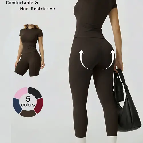 2 Piece Women's Yoga Outfits, Athleisure Sportswear Set, Exercise Clothing Set, Crew Neck Short Sleeve Top High Waist Butt Lifting Leggings Solid Color Soft Breathable Nylon Fabric Sports Fitness Wear for Gym, Outdoor Fitness & Daily Wear