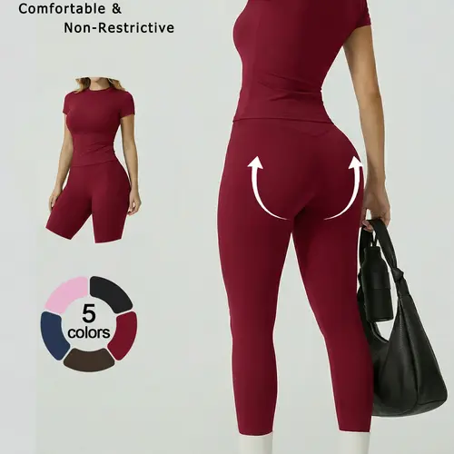 Women's 2 Piece Yoga Workout Set, Women Workout Clothes, Sports Activewear, Exercise Clothing, Crew Neck Short Sleeve Top High Waist Tummy Control Butt Lifting Leggings Moisture Wicking 4-Way Stretch Breathable for Running, Gym, Daily
