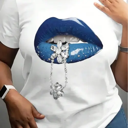 Women's Black T-shirt, Printed with Blue Lips and a Diamond Chain Pattern, Casual Round Neck, Short Sleeves, SLIGHTLY STRETCHY FABRIC, Suitable for Summer Wear, Sporty Casual Style