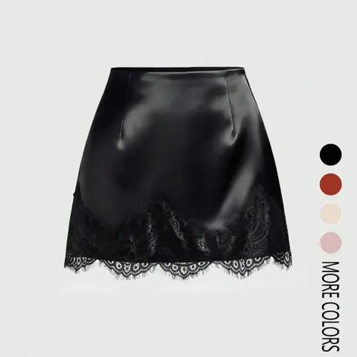 Women's Elegant Satin Lace-Trim Patchwork Short Skirt, Stylish Bodycon Skirt, Stylish & Comfortable Fashion Bottom, Perfect for Daily Commuting, Womenswear