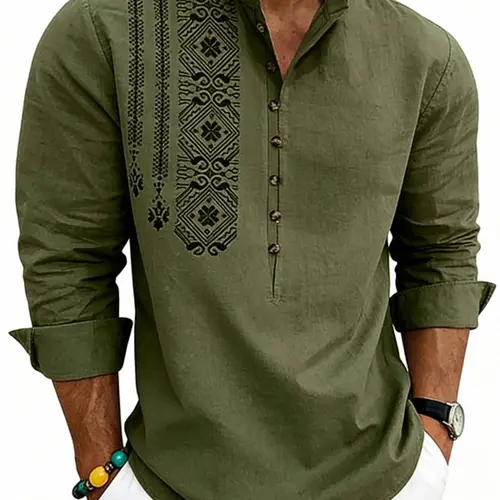 Men's Spring ＆ Summer Outfits Linen Casual Henley Shirt, Boho Geometric Print Linen-Like Fabric, Stand Collar, Roll-Up Sleeve, Lightweight Bohemian Style Top for Everyday & Weekend Outings, Casual Rolled Sleeve
