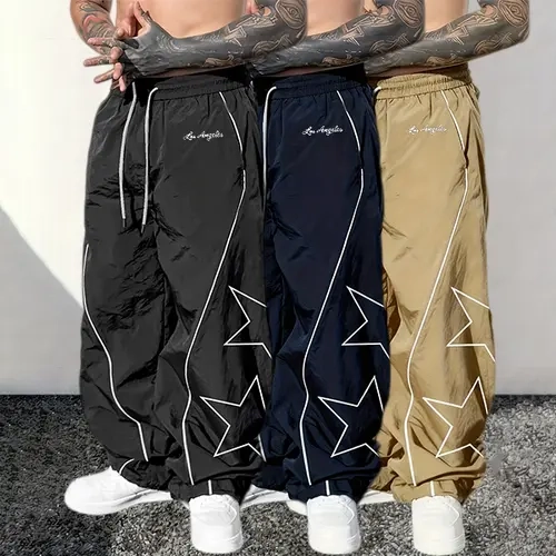 Men’s 3-Pack Casual Loose Trending Joggers - Star Pattern, Reflective Lines, Comfortable Stretch Fabric, Streetwear Clothing Sweatpants for Street Style, Weekend Outfits, Casual Loose Joggers, Clothes