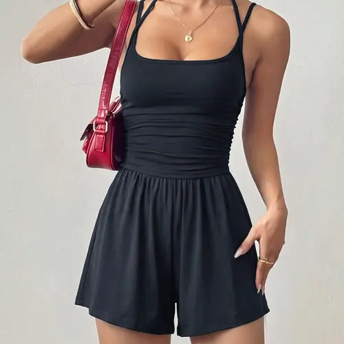Women's Casual Knitted Ruched Halter Sleeveless Short Romper for Daily Wear & Outdoor Activities, Y2K Style Comfortable Fit Summer Wear