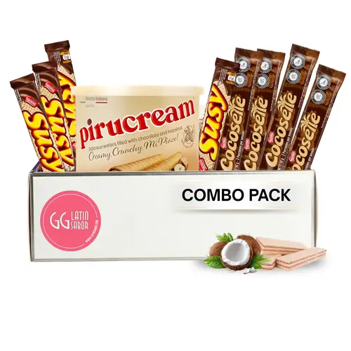 Venezuela Sweet Snacks Mix Pack - 4pack cocosette, 4-pack Susy, Pirucream - Childhood Treat Mix, Coco+Choco Burst, Pirucream Tin Fun, Shareable Tin Treat Biscuit Assortment, Chocolate
