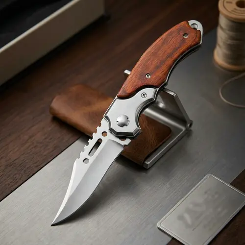 Folding EDC Pocket Knife - 8.2" 5CR13MOV Blade, Wooden Handle with Pocket Clip, Outdoor Gadgets for Camping, Hiking, Tools and Gadgets for Adults, Mens Cool Gifts for Guys, Mens Gifts