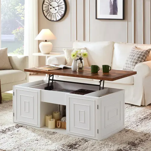 【SummerFinds】ONBRILL Lift Top Coffee Table with Storage, 48" Rustic Center Table with Hidden Storage Compartment and 2 Cabinet, White Coffee Table Converts to Dining Table for Living Room, Office,dorm essentials,home decor